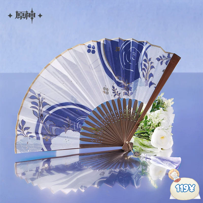 Genshin Impact Kamisato Ayato Themed Apparel: Gold-printed Silk Folding Fan