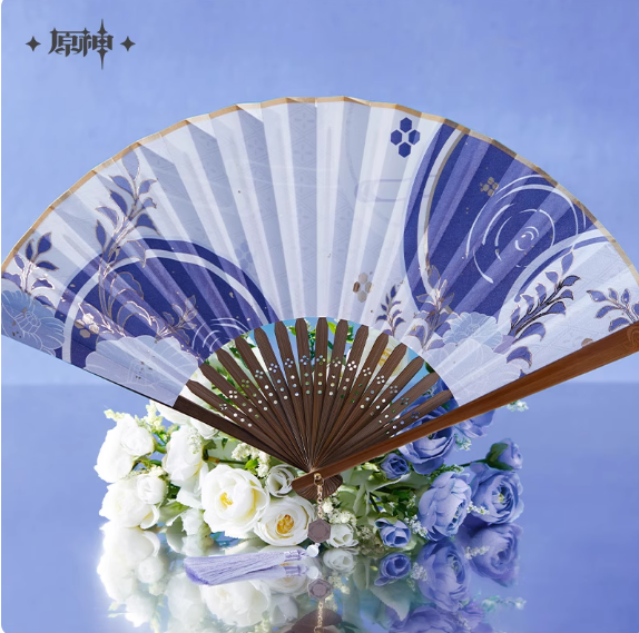 Genshin Impact Kamisato Ayato Themed Apparel: Gold-printed Silk Folding Fan - Image 3
